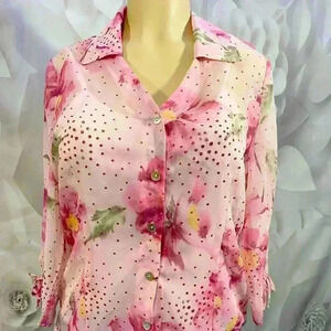 Dress Barn Womens Pink Floral Sheer Blouse